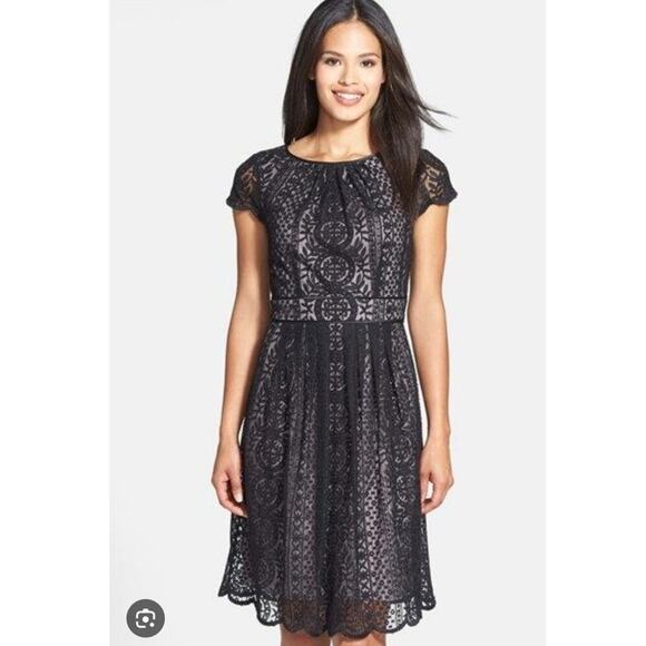 Adrianna Papell Pleat Stripe Filagree Dress Lace Overlay Fit Flare Cap Sleeve 10 - Picture 2 of 14